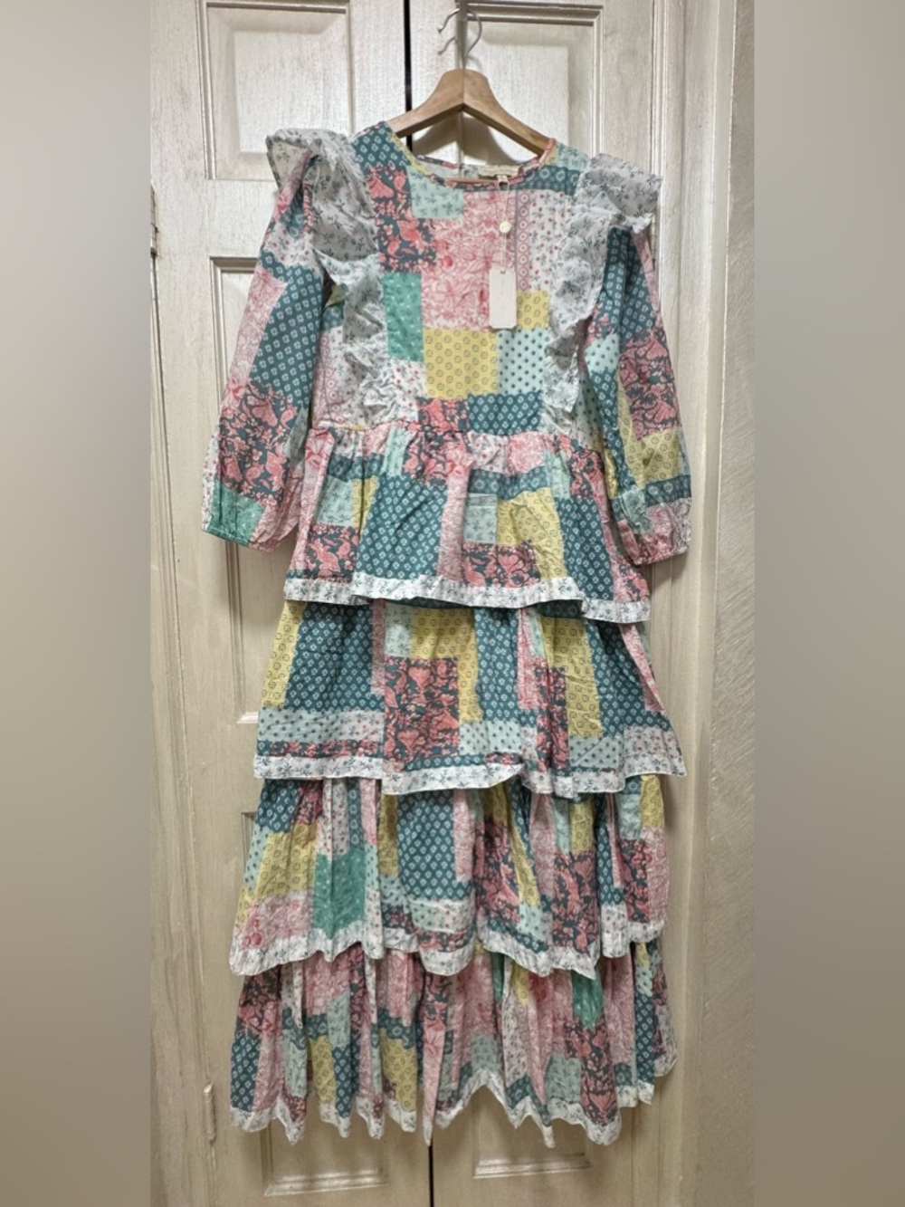 Simply Southern S Quilted Patchwork Prnt Cotton Tiered Long Sleeve Maxi Dress